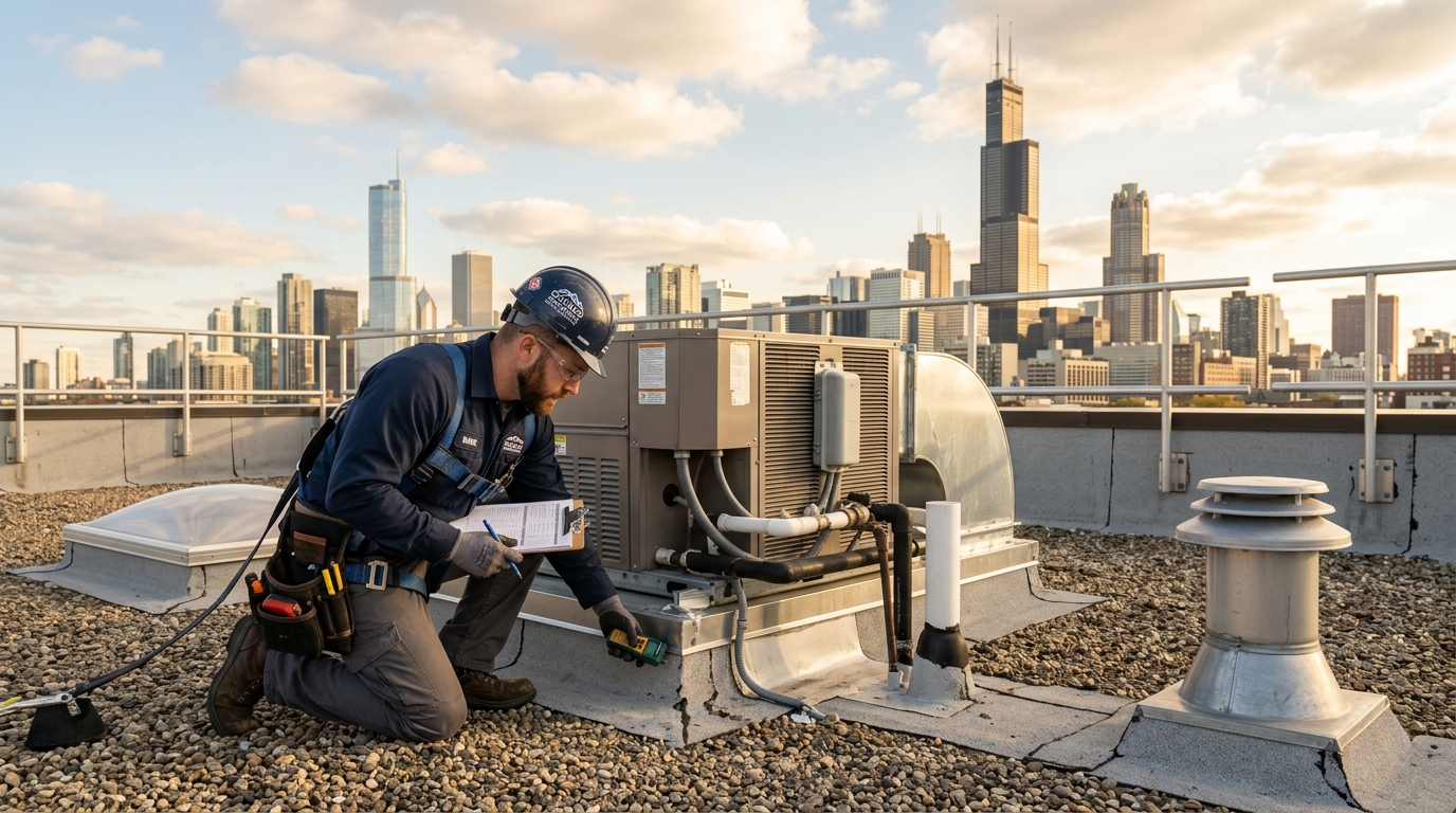 Roofing contractor inspecting a building roof in Chicago